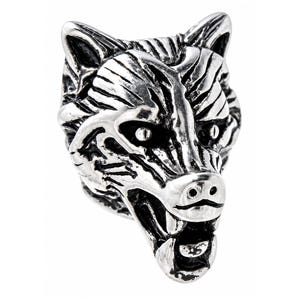 May include: A silver-toned metal ring shaped like a snarling wolf head. The design features deep, dark recessed grooves to highlight the textured fur, pointed ears, and an open mouth with visible teeth, creating a high-contrast metallic finish.
