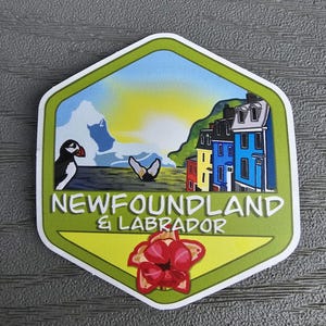 May include: A green hexagonal sticker with a colorful illustration of a town, a puffin, and a flower. The text "NEWFOUNDLAND & LABRADOR" is printed on the sticker.
