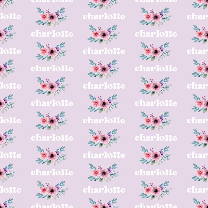 May include: A seamless pattern featuring the name "charlotte" repeated in white text on a light purple background. Each name is accompanied by a watercolor illustration of a pink and purple floral bouquet.