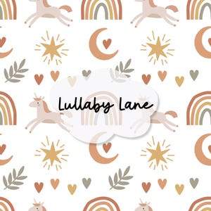 May include: A seamless pattern featuring unicorns, rainbows, stars, moons, hearts, and leaves in a boho style. The text "Lullaby Lane" is written in a cloud shape.