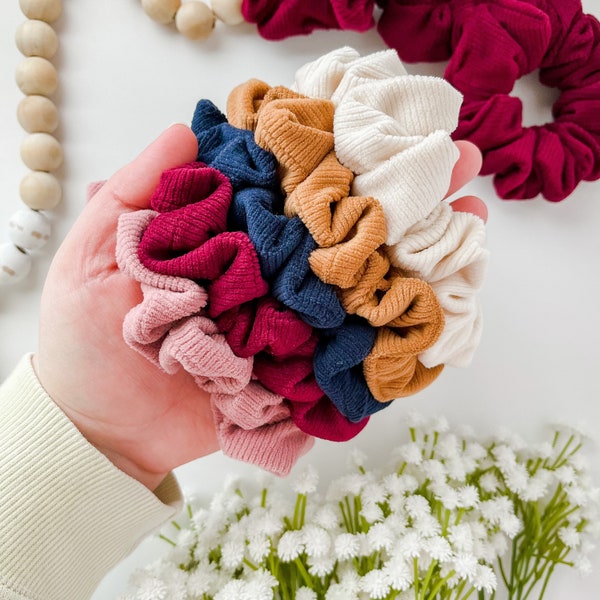 Soft Corduroy Scrunchies | Solid Color Textured Scrunchies | Hair Ties for Thick Hair | Gift for Her | Burgundy Blush Gold Cream Navy