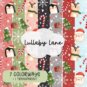 Gray Christmas Seamless Pattern: Santa, Reindeer, Penguin (Digital Paper)