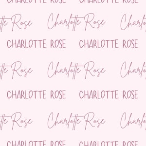 Może przedstawiać: Wzór bez szwów z powtarzającym się imieniem "Charlotte Rose" w różowym, ozdobnym pisem.