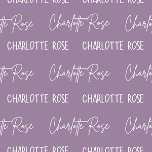 Puede incluir: Un patrón sin costuras con el nombre "Charlotte Rose" repetido en texto blanco sobre un fondo morado claro.