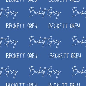 May include: A seamless pattern with the text "#Grey Beckett Grey" repeated on a solid blue background.
