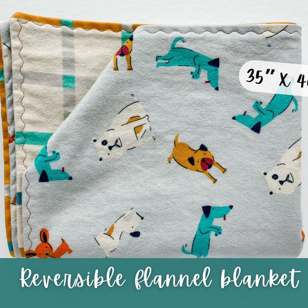 Blue Retro Dogs Flannel Blanket | Soft Cuddly Baby Throw | Pawty Puppy-Themed | Blue Baby Shower Gift for Boy | Navy Mustard Dog Nursery