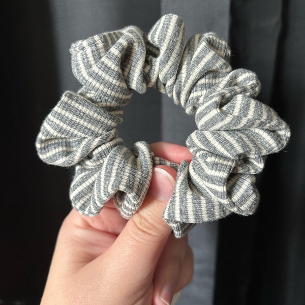 Grey White Stripes Rib Knit Scrunchies | Sweater Scrunchies for Mom | Cheap Gift for Girls | Soft Gray Hair Ties | Modern Hair Accessory