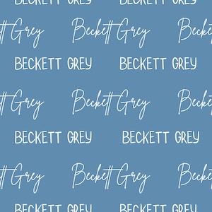 May include: A seamless pattern featuring the name "Beckett Grey" repeated in a white cursive font on a light blue background.