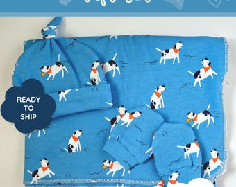 Set fasciatoio per neonati Blue Dogs: coperta in maglia jersey, berretto e guanti