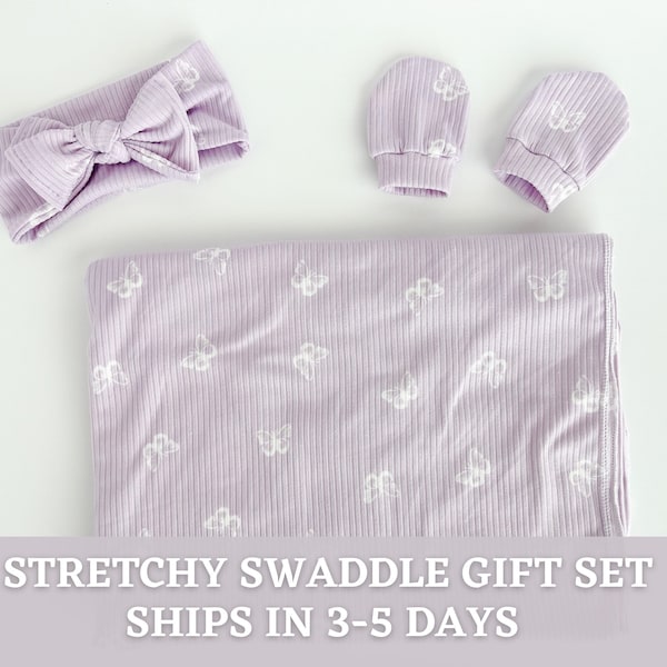 Lavender Butterfly Baby Swaddle Set | Stretchy Purple Baby Blanket | Baby Girl | Swaddle and Bow | Baby Shower Gift Set | Butterfly Kisses