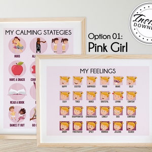 Mis sentimientos y estrategias calmantes para niños pequeños A3 Carteles imprimibles (PINK GIRL)