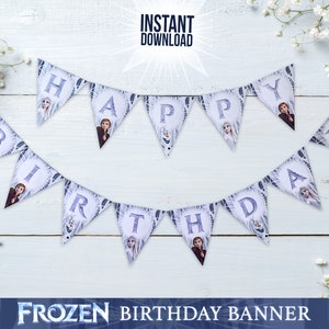 May include: Frozen birthday banner with blue and white triangular flags featuring characters from the movie. The flags spell out "Happy Birthday".