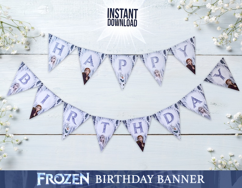 May include: Frozen birthday banner with blue and white triangular flags featuring characters from the movie. The flags spell out "Happy Birthday".