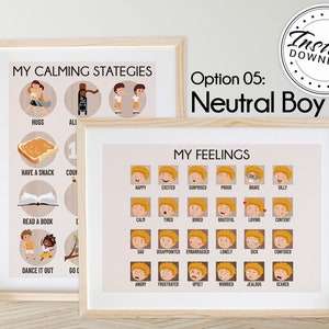 Mis sentimientos y estrategias para calmar a los niños pequeños A3 Carteles imprimibles (NEUTRAL BOY)