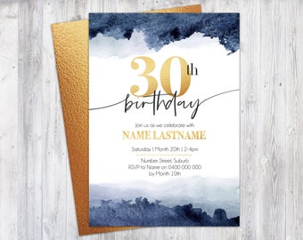 Masculine Navy Blue Watercolour and Gold Birthday Party Invitation