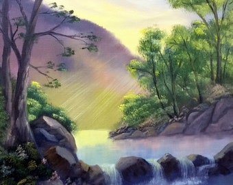 Abendlicht. Original 16x20 Berg und Wasserfall Ölgemälde.