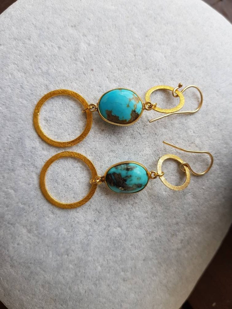 Turquoise Delicate Earrings Gold Plated Sterling Silver Circles With Turquoise Pendant Earrings