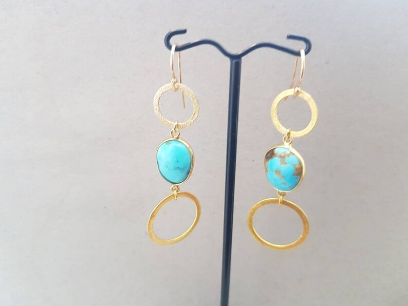 Turquoise Delicate Earrings Gold Plated Sterling Silver Circles With Turquoise Pendant Earrings