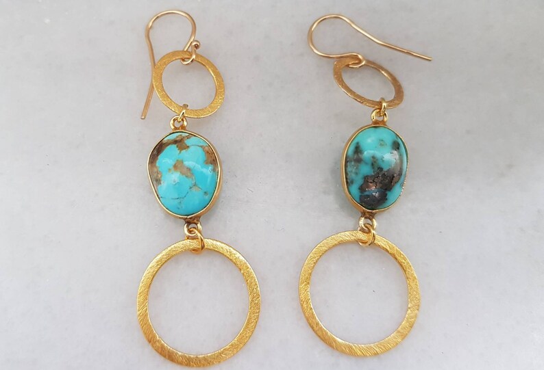 Turquoise Delicate Earrings Gold Plated Sterling Silver Circles With Turquoise Pendant Earrings