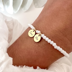 personalized crystal bracelet, small stainless steel pendant with individual engraving on a delicate band with glass crystals, top gift