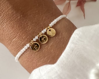 Bracciale con iniziali in cristallo rotonde, personalizzabile, lettera personalizzata, incisione, cristallo regalo mamma, ciondoli rotondi in oro personalizzati