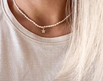 real freshwater pearl necklace, white pearl necklace, choker necklace, dainty necklace, delicate, trend jewelry, fine, freshwater, tiny pearls