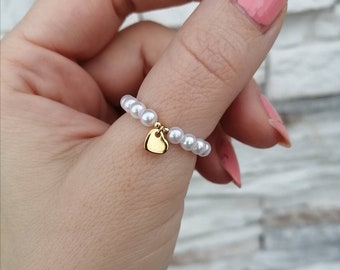 Anillos de tendencia de perlas, anillo colgante de corazón, perlas, anillos apilables, anillo elástico, blanco, oro, regalo, mejor amigo, juego de 2 o individualmente, top