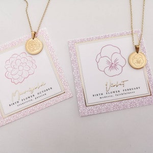 Collar de flores de nacimiento con tarjeta, flor de grabado, mes, cumpleaños, mes de nacimiento, colgante de flores de vida, Bday, acero inoxidable, chapado en oro de 18k