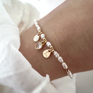 Pulsera personalizada con perlas, perlas de agua dulce, letra, boda, navidad, mamá, regalo, bañada en oro, personalizada, pulsera de perlas