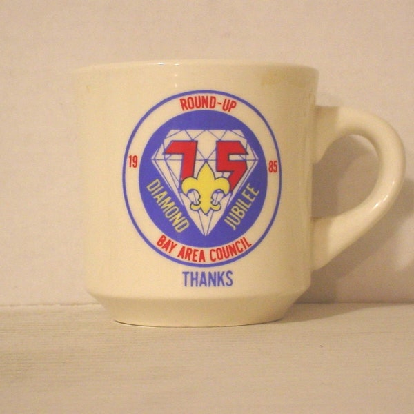 BSA 1970's Boy Scout Coffee Mug Cup 85 Diamond Jubilee Round-Up Bay Area Council