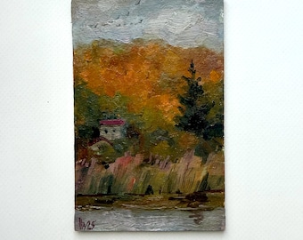 Original Oil Painting Small, Vintage Landscape, Painting on Canvas, Scenery, Miniature