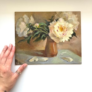 White peonies painting, original oil floral still life in warm neutral tones image 2