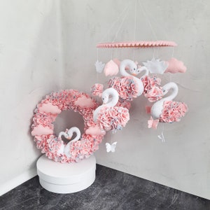 Swan baby mobile , door wreath,  crib mobile , nursery decor , personalized gift , hanging baby mobile,  baby mobile girl  , pink mobile