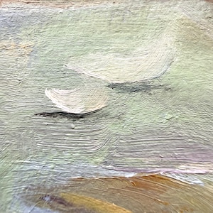 May include: An oil painting on canvas featuring thick, visible brushstrokes in shades of sage green, pale yellow, and soft brown. Two curved, cream-colored shapes are layered over the textured green background, creating a sense of depth.
