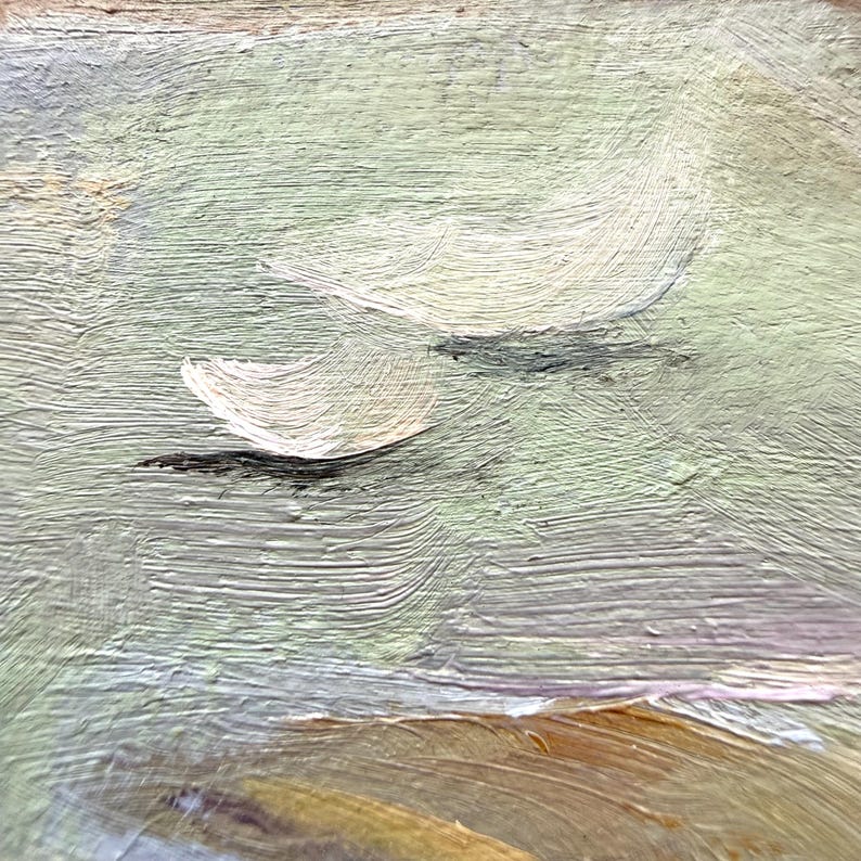 May include: An oil painting on canvas featuring thick, visible brushstrokes in shades of sage green, pale yellow, and soft brown. Two curved, cream-colored shapes are layered over the textured green background, creating a sense of depth.