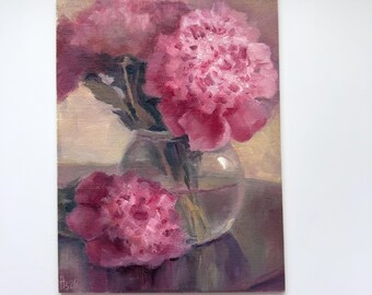 Pink peonies painting, original oil floral art with romantic cottage charm