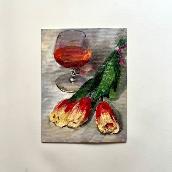 Original oljemålning liten, vintagelandskap, målning på duk, blomma, blommålning