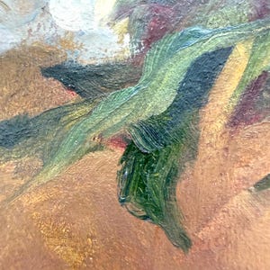 May include: An oil painting detail featuring thick, textured brushstrokes in shades of forest green, olive, and deep brown. The composition displays layered paint application with visible impasto techniques, creating a rugged, earthy surface texture.