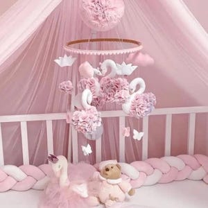 Swan baby mobile , crib mobile , nursery decor , personalized gift , hanging baby mobile,  baby mobile girl  , pink mobile,  mobile nursery