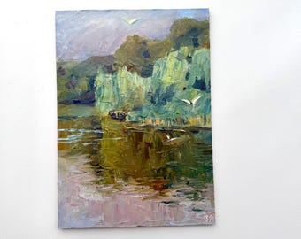 Pintura al óleo original, pequeña, paisaje vintage, pintura sobre lienzo, paisaje