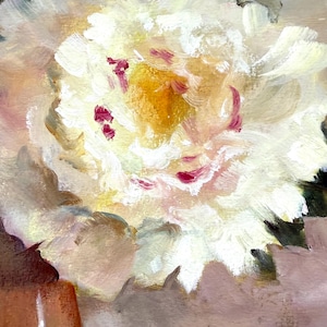 White peonies painting, original oil floral still life in warm neutral tones image 4