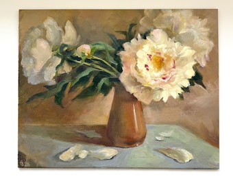 White peonies painting, original oil floral still life in warm neutral tones
