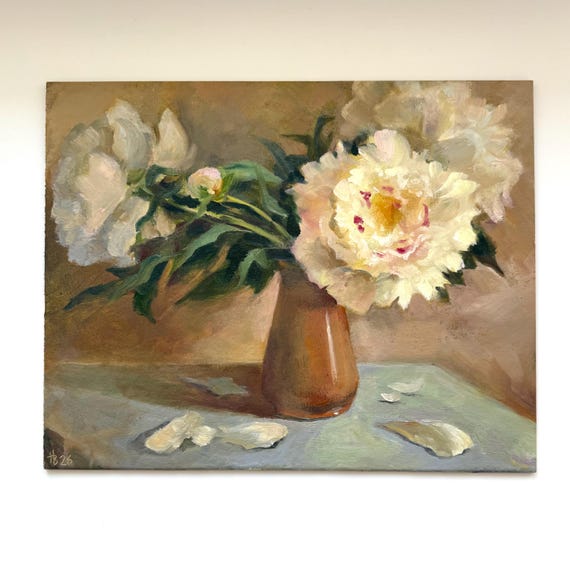White peonies painting, original oil floral still life in warm neutral tones