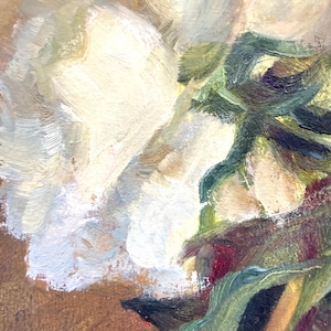 May include: An oil painting featuring thick, textured brushstrokes in shades of cream, white, and pale yellow, contrasted with deep green, dark brown, and hints of burgundy. The composition displays layered paint application with visible impasto.