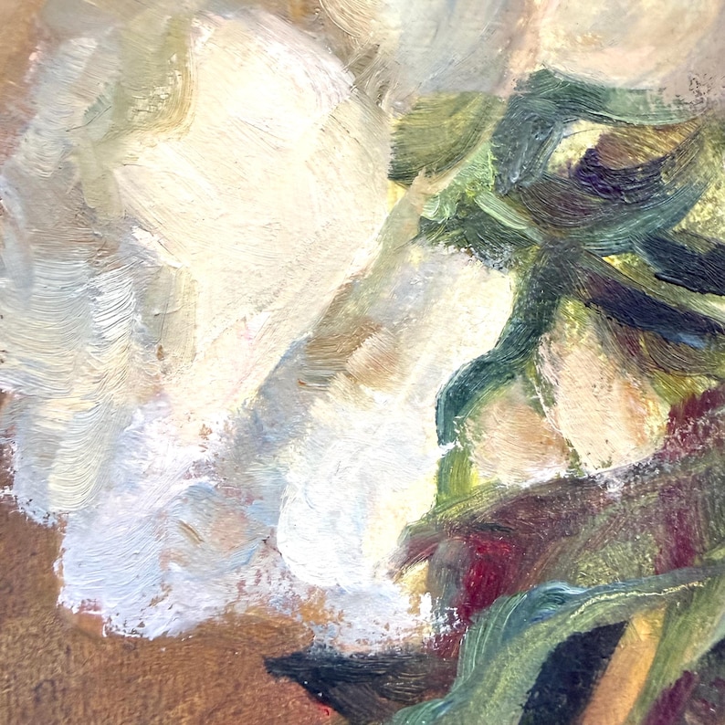 May include: An oil painting featuring thick, textured brushstrokes in shades of cream, white, and pale yellow, contrasted with deep green, dark brown, and hints of burgundy. The composition displays layered paint application with visible impasto.