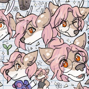 May include: A digital illustration of a deer with pink hair and brown spots. The deer is wearing glasses and has different facial expressions in each image. The background is a light blue with white lines and stars.