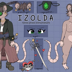 Op de afbeelding: Een digitale illustratie van een rattenpiraat-personage genaamd Izolda. Ze draagt een groene ooglap, een zwart jack, een wit shirt, een bruine riem, een blauwe sjerp en bruine laarzen. Ze heeft een bruine staart, bruin haar en groene ogen. Ze houdt twee zwaarden vast. De tekst "rattie pirate extraordinaire" staat onder haar naam.