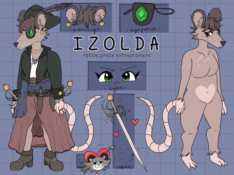 Op de afbeelding: Een digitale illustratie van een rattenpiraat-personage genaamd Izolda. Ze draagt een groene ooglap, een zwart jack, een wit shirt, een bruine riem, een blauwe sjerp en bruine laarzen. Ze heeft een bruine staart, bruin haar en groene ogen. Ze houdt twee zwaarden vast. De tekst "rattie pirate extraordinaire" staat onder haar naam.