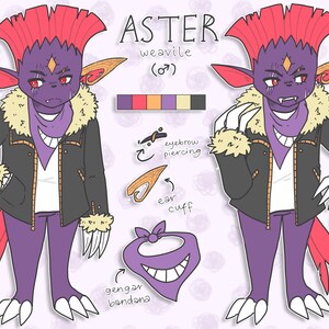 Op de afbeelding: Een paars en rood cartoonfiguur met een mohawk, die een zwart leren jack, een wit shirt en een paarse bandana draagt. Het personage heeft een Gengar-bandana, een piercing en een oormanchet. Het personage heet "ASTER weavile (o7)".