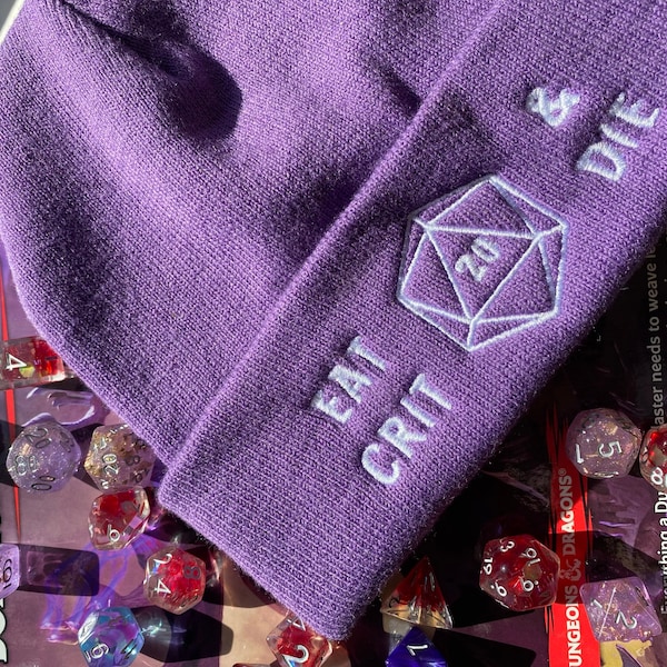 eat crit & die! dungeons and dragons d20 embroidered beanie